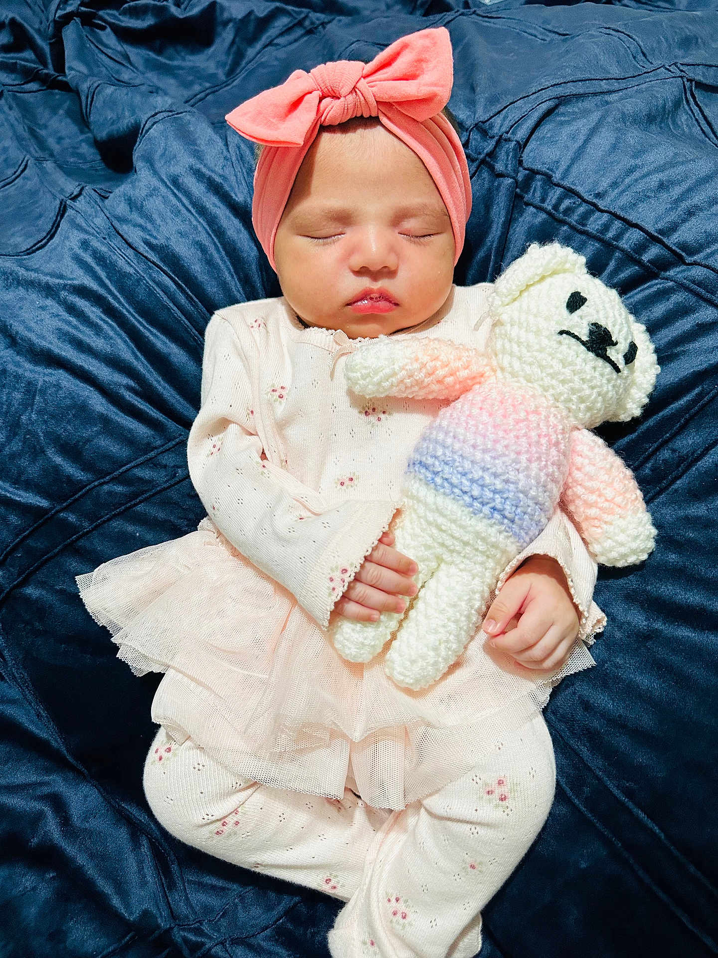 Ayzal joined the competition — help win amazing prizes! baby, sleeping, infant, pink_bow, headband, knitted_toy, teddy_bear, pastel_clothing, blanket, soft_texture, cute, peaceful, child, portrait, indoors, hand, face, closed_eyes, tulle_skirt, cozy