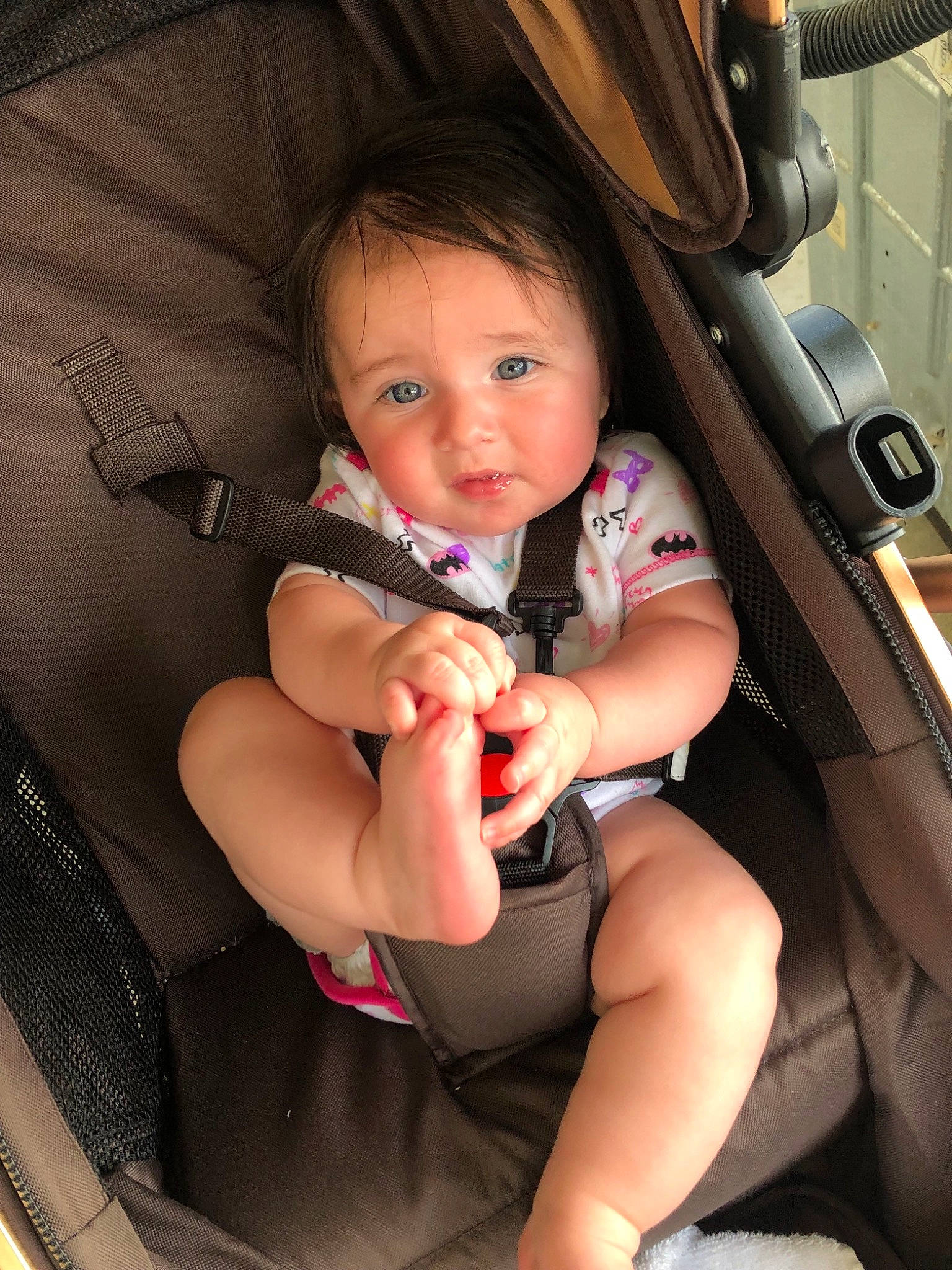 Audree is registered to the contest to win money with this photo: auto_part, baby, baby_carriage, baby_in_car_seat, baby_products, car_seat, cheek, child, finger, hand, leg, nail, person, product, sitting, skin, thumb, toddler, vehicle_door