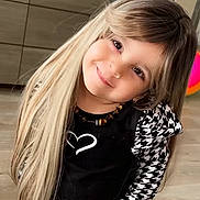 Mélina participe au concours pour gagner de l'argent avec cette photo : child, smiling, wig, long_hair, black_top, patterned_sleeves, shorts, barefoot, wooden_floor, indoor, living_room, furniture, cabinet, television, necklace, cute, portrait, playful, happy, young
