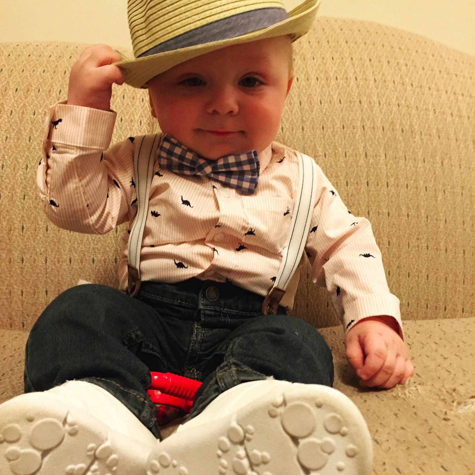 Wyatt joined the competition — help win amazing prizes! baby, child, fashion_accessory, hat, headgear, headwear, person, play, sitting, sun_hat, toddler