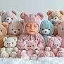Zoey is registered to the contest to win money with this photo: baby, sleeping, knitted_hat, knitted_outfit, teddy_bears, stuffed_animals, pink, pastel_colors, soft_texture, cute, adorable, cozy, child, portrait, indoor, plush_toys, bed, white_background, closeup, peaceful