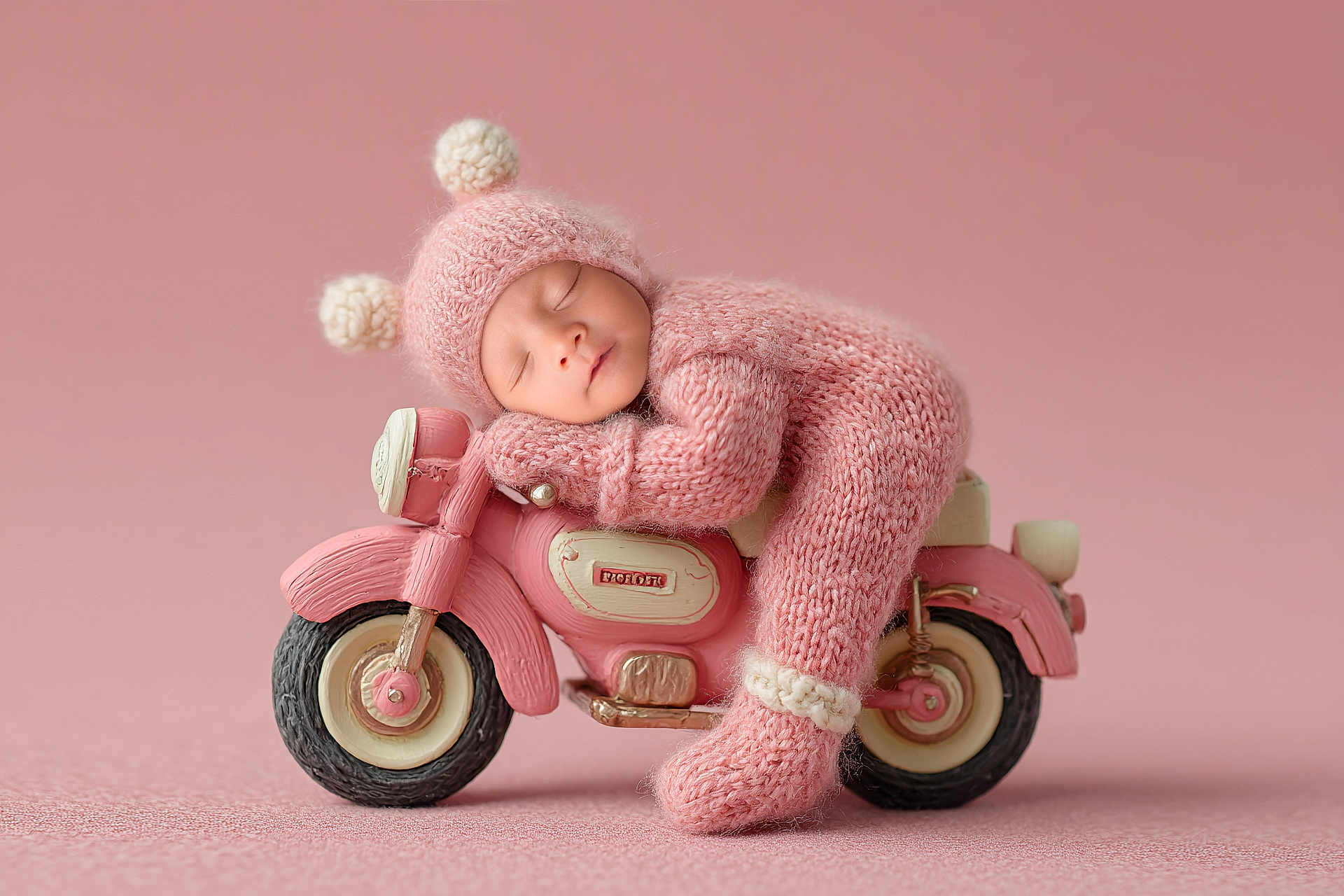Zoey is registered to the contest to win money with this photo: newborn, baby, sleeping, pink, knitted_outfit, motorcycle, toy, cute, cozy, pom_poms, soft_background, portrait, child, infant, resting, studio, adorable, warm, tiny, peaceful