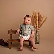 Armand a rejoint le concours — aidez-le/la à gagner de superbes lots ! toddler, child, bench, wooden_bench, toy_car, wooden_toy, pampas_grass, vase, glass_vase, smiling, shorts, polo_shirt, barefoot, indoor, studio, neutral_background, cute, portrait, seated, happy