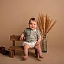 toddler, child, bench, wooden_bench, toy_car, wooden_toy, pampas_grass, vase, glass_vase, smiling, shorts, polo_shirt, barefoot, indoor, studio, neutral_background, cute, portrait, seated, happy