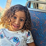 Samara joined the competition — help win amazing prizes! blue_sky, bus_seat, casual_clothing, child, curly_hair, cute, daylight, happy, indoors, palm_tree, patterned_fabric, person, portrait, public_transport, seat, smile, stitch_character, tshirt, window, young