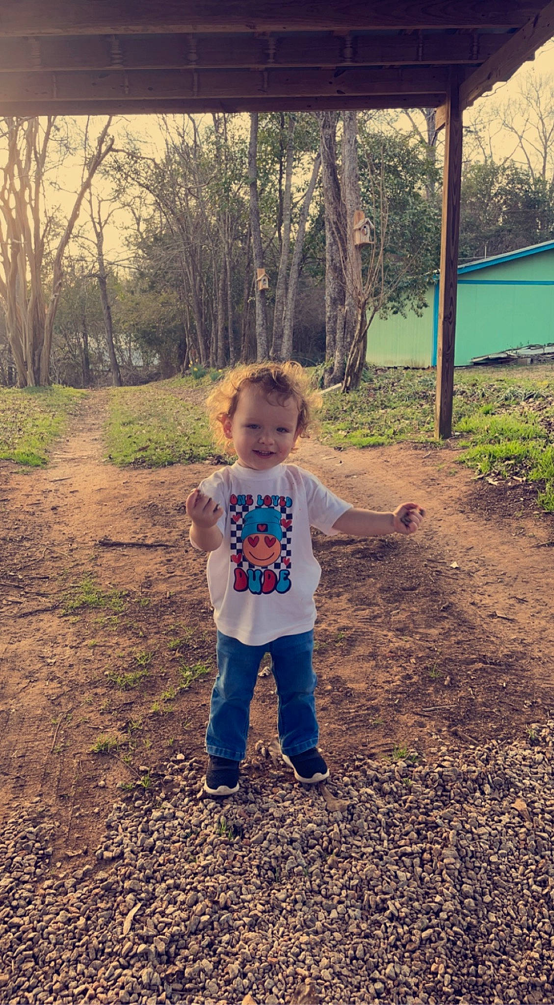 Colton joined the competition — help win amazing prizes! branch, fun, gesture, grass, happy, joy, leaf, morning, nature, people_in_nature, person, plant, recreation, sleeve, smile, standing, sunlight, tints_and_shades, toddler, tree