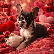 Chi Chi joined the competition — help win amazing prizes! adorable, animal, bokeh, cozy, cute, dog, french_bulldog, heart_pillow, indoors, love_theme, pet, plush_toy, portrait, puppy, red_blanket, roses, sleepy, soft_lighting, toy, valentines