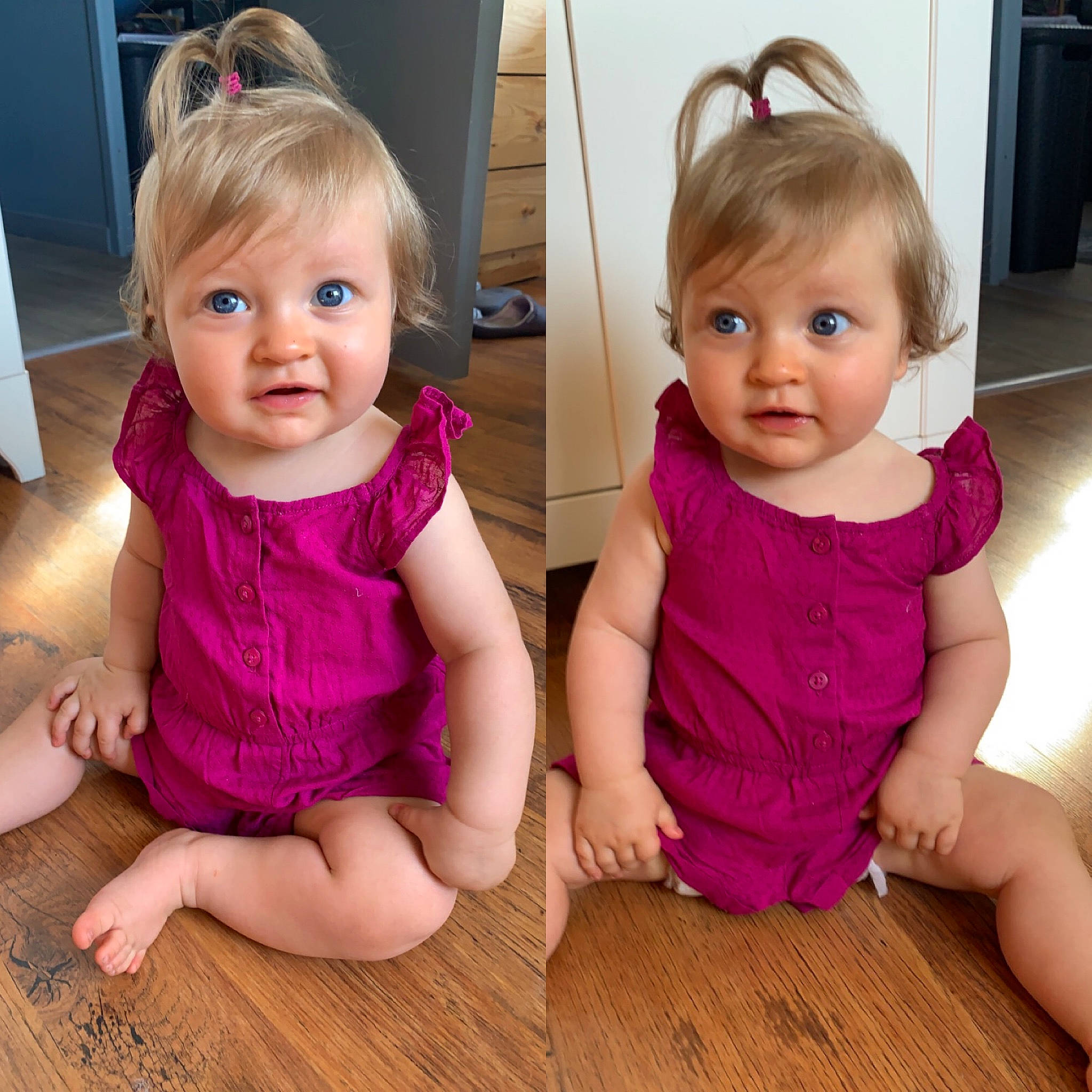 Anaé participe au concours pour gagner de l'argent avec cette photo : baby, baby_toddler_clothing, cheek, clothing, dress, eyelash, finger, hair, happy, iris, neck, person, pink, purple, skin, sleeve, smile, standing, toddler, violet