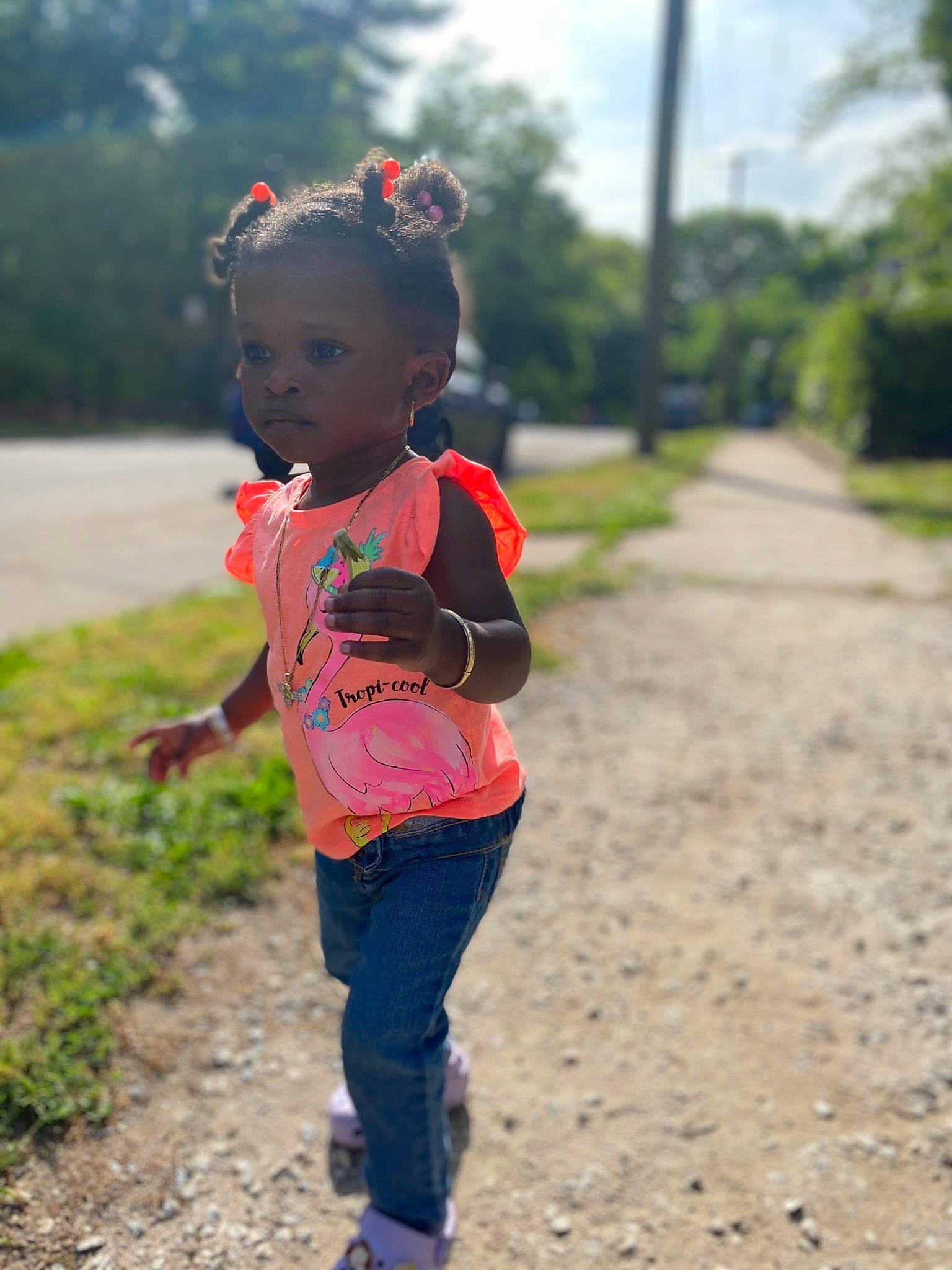 Jalyn is registered to the contest to win money with this photo: adaptation, child, happy, leisure, people, person, photography, pink, plant, play, recreation, road, smile, summer, toddler, tree, vacation, walking