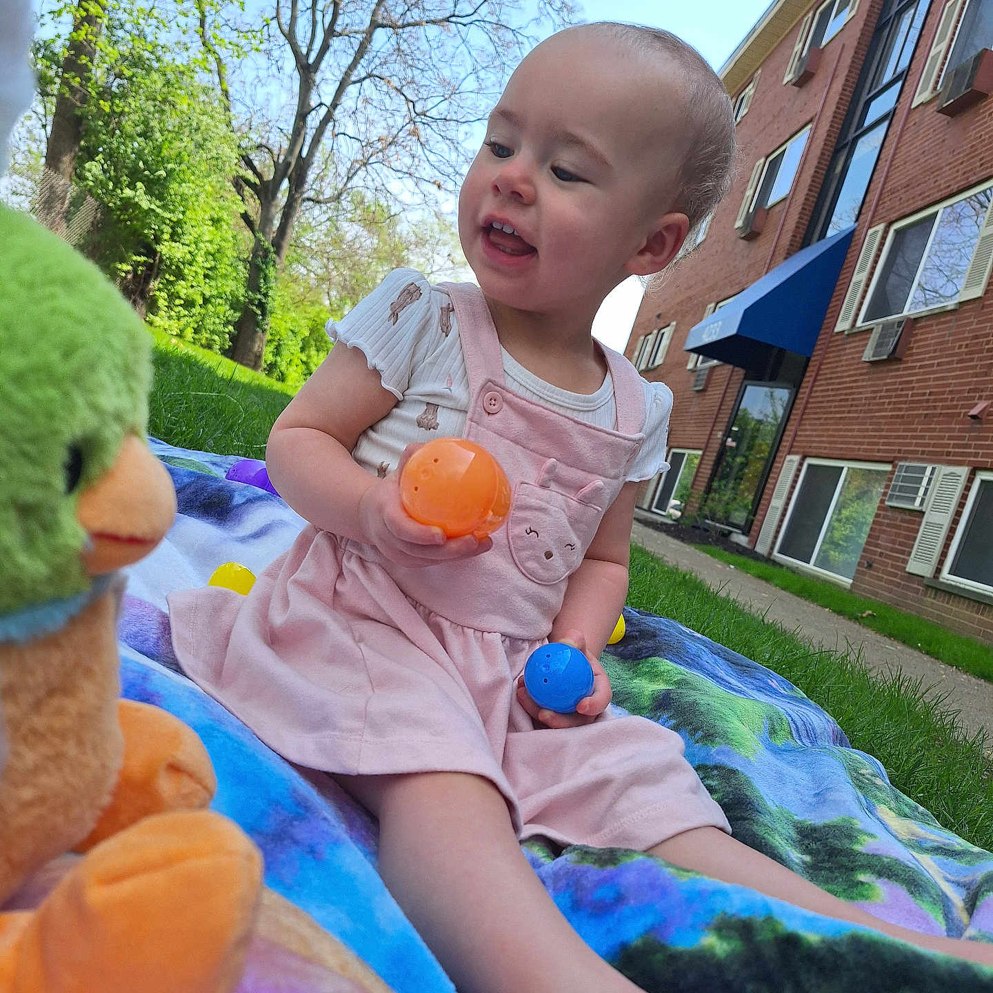Amelia is registered to the contest to win money with this photo: architecture, baby, blanket, building, can, face, grass, head, lawn, outdoors, person, photography, plant, portrait, shelter, sphere, summer, tin, toy, tree