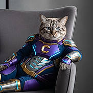 Michel Zerbini participe au concours pour gagner de l'argent avec cette photo : armor, blue_eyes, cat, chair, costume, cute, fantasy, feline, futuristic, glowing, gold, gray, indoor, modern, pet, portrait, purple, relaxed, science_fiction, sitting