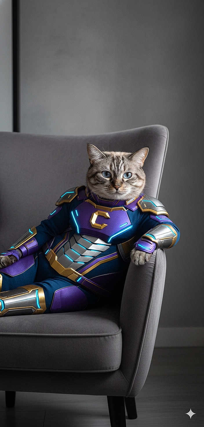 Michel Zerbini participe au concours pour gagner de l'argent avec cette photo : armor, blue_eyes, cat, chair, costume, cute, fantasy, feline, futuristic, glowing, gold, gray, indoor, modern, pet, portrait, purple, relaxed, science_fiction, sitting
