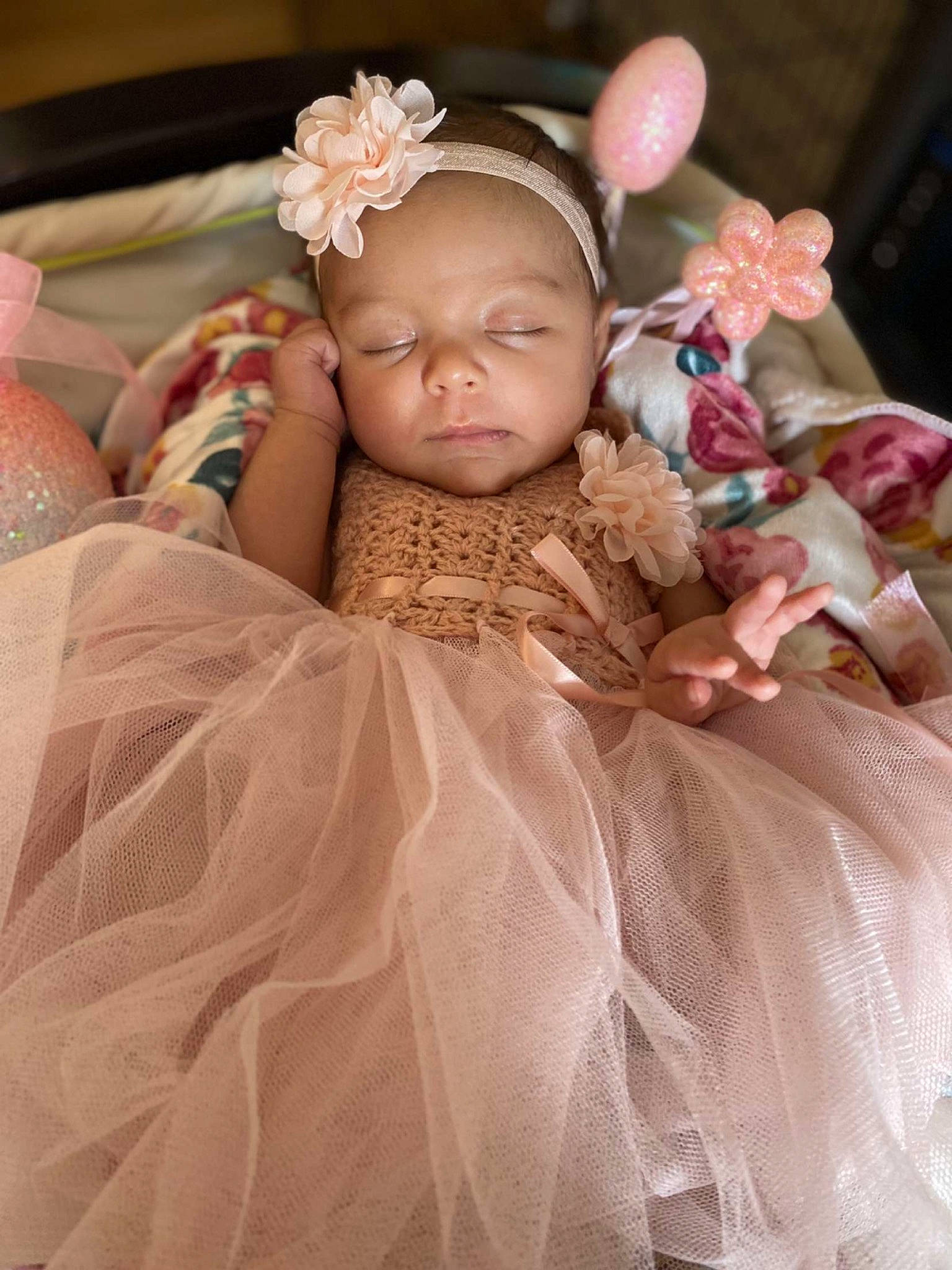 Harper is registered to the contest to win money with this photo: bridal_accessory, bridal_clothing, dress, embellishment, event, eye, eyelash, fashion_design, fawn, formal_wear, gown, hairstyle, happy, headgear, headpiece, jewellery, peach, person, pink, skin