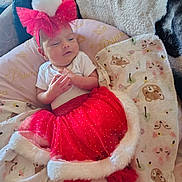 Roxanna is registered to the contest to win money with this photo: baby, infant, red_skirt, headband, bow, blanket, bear_print, bird_print, white_onesie, red_socks, fur_trim, cute, cozy, soft, indoors, portrait, young_child, resting, holiday, festive
