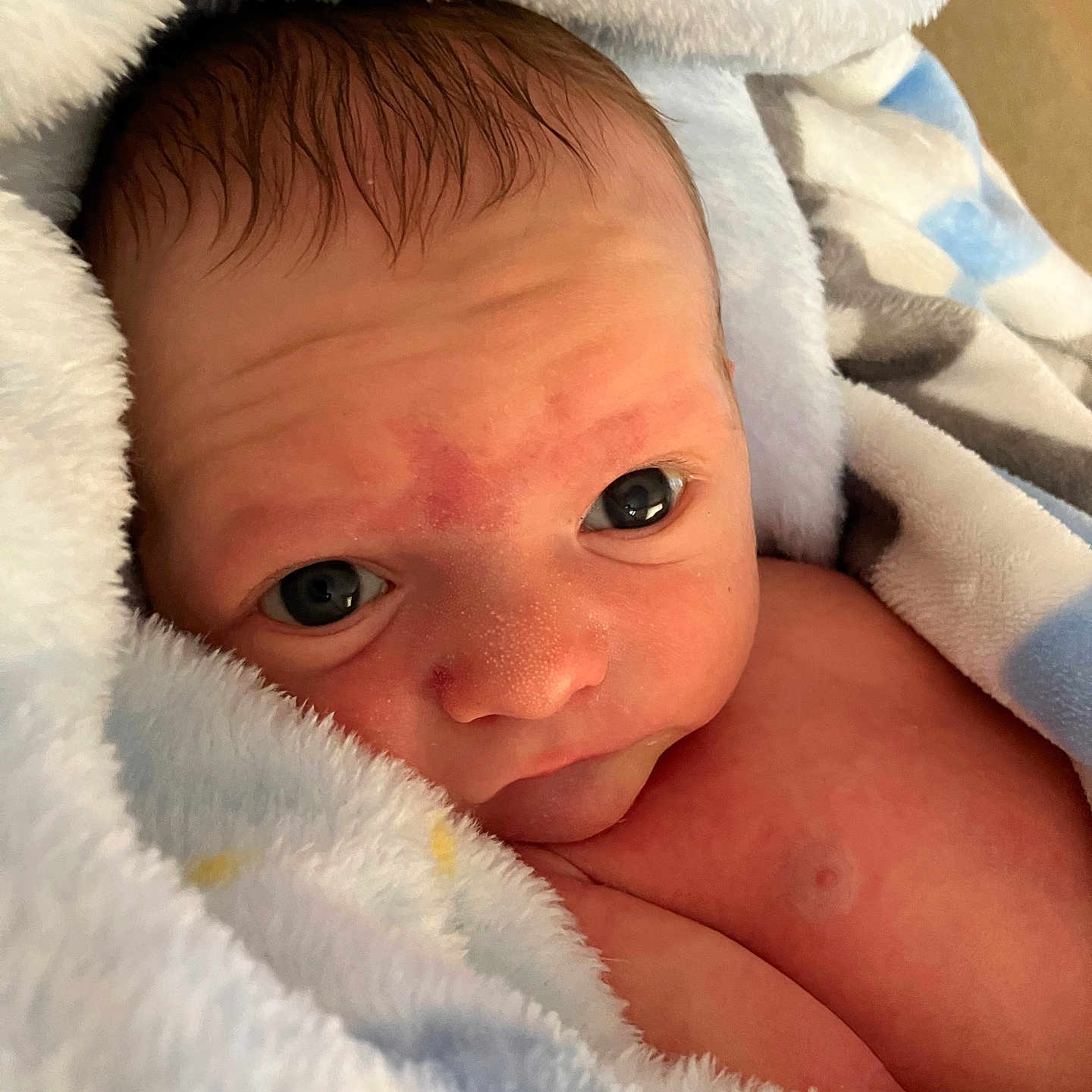 Hayden is registered to the contest to win money with this photo: baby, blanket, face, happy, head, newborn, person, photography, portrait, quilt, smile, towel