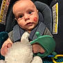 James is registered to the contest to win money with this photo: baby, infant, car_seat, stuffed_animal, toy, pacifier, red_mark, face, child, seatbelt, clothing, hand, expression, indoor, closeup, person, cute, portrait, young, soft_toy