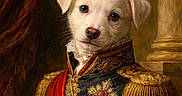 Léon participe au concours pour gagner de l'argent avec cette photo : classical_background, column, dog, drapery, formal_attire, gold_trim, head_tilt, medal, military_uniform, painting_style, portrait, puppy, red_sash, regalia, ruffled_collar, screenshot, smartphone_ui, watermark, website_text, white_dog
