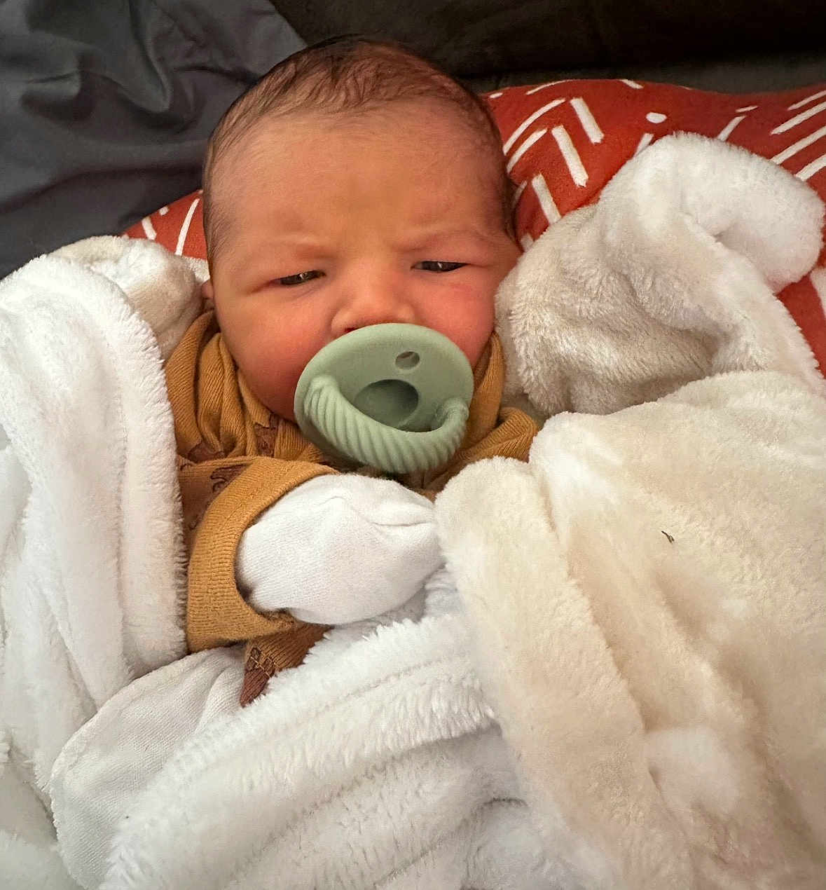 Rowan joined the competition — help win amazing prizes! newborn, baby, pacifier, blanket, mittens, wrapped, infant, cozy, sleepwear, face, head, person, cute, soft, warm, resting, indoors, clothing, child, portrait