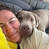 Franklin is registered to the contest to win money with this photo: bed, blanket, brown_dog, casual_clothing, closeup, couch, cozy, dog, face, headboard, human, indoor, nose_ring, person, pillow, portrait, relaxed, resting, smile, snuggling