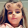 bear_ears, bear_nose, casual_clothing, child, cute, digital_filter, expression, face, filter, girl, head_and_shoulders, hoodie, indoors, long_hair, playful, portrait, selfie, smile, young, youth