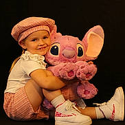 Khaleecy joined the competition — help win amazing prizes! child, girl, smiling, plush_toy, stuffed_animal, pink, beret, shorts, white_shirt, sneakers, white_socks, studio, black_background, cute, happy, portrait, seated, toy, footwear, fashion