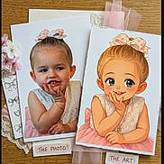 Khaleecy is registered to the contest to win money with this photo: art, bow, child, comparison, cute, dress, girl, hand_on_cheek, illustration, lace, matching, photo, pink, portrait, ribbon, side_by_side, smile, table, toddler, white