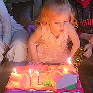 Khaleecy joined the competition — help win amazing prizes! child, birthday_cake, candles, blowing_candles, family, smiling, dress, party, celebration, indoor, table, toy, stuffed_animal, frog, number_candle, pink_cake, happy, childhood, event, people