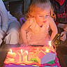 birthday_cake, blowing_candles, candles, celebration, child, childhood, dress, event, family, frog, happy, indoor, number_candle, party, people, pink_cake, smiling, stuffed_animal, table, toy