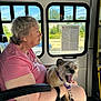 elderly_woman, dog, bus, window, leash, collar, pink_shirt, seated, yawning_dog, daylight, public_transport, grey_hair, shorts, handrail, outdoor_view, notice, seat, armrest, road, trees