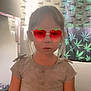child, girl, indoor, glasses, sunglasses, strawberry, shirt, patterned_curtain, leaf_pattern, lighting, young, person, casual, standing, bow_detail, curtain, room, fun, accessory, portrait