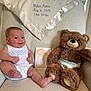 baby, teddy_bear, armchair, blanket, diaper, card, window, curtain, smile, infant, child, stuffed_animal, cloth, fabric, indoor, portrait, cute, sitting, light, happy