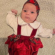 Melissa participe au concours pour gagner de l'argent avec cette photo : baby, infant, red_velvet, plaid, headband, bows, white_clothing, quilt, texture, lying_down, cute, portrait, indoor, child, face, expression, small_hands, clothing, holiday_outfit, young