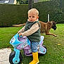 Naël participe au concours pour gagner de l'argent avec cette photo : toddler, child, toy, ride_on_toy, yellow_boots, green_vest, dog, grass, backyard, tree, hedge, frozen_theme, blue_toy, purple_toy, pet, outdoor, play, person, casual_clothing, animal
