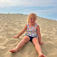 Mila participe au concours pour gagner de l'argent avec cette photo : child, girl, sand, dune, barefoot, summer_clothing, floral_top, denim_shorts, outdoor, nature, sky, clouds, happy, smiling, casual, young, portrait, sitting, sunlight, playful