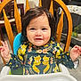Nahomy joined the competition — help win amazing prizes! baby, child, high_chair, smiling, indoor, wooden_chair, face, cute, clothing, patterned_shirt, fox_print, happy, person, small_hands, dining_room, furniture, table, hair, rosy_cheeks, infant