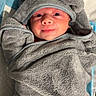 baby, infant, towel, hooded_towel, gray, wrapped, cute, face, eyes, smile, bed, blanket, soft, newborn, child, indoors, portrait, sleepy, cozy, person