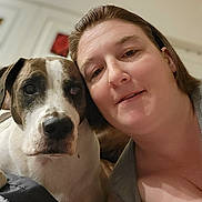 Patches joined the competition — help win amazing prizes! animal, blanket, bond, casual, closeup, clothing, companion, dog, face, friendship, furniture, head, home, human, indoor, pet, portrait, relaxed, smile, woman