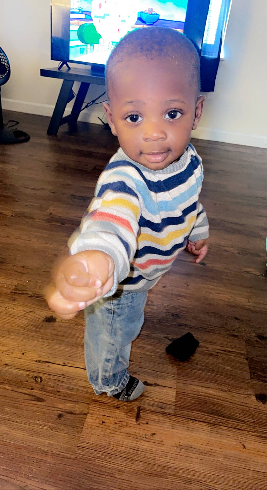 Roddre joined the competition — help win amazing prizes! baby, baby_toddler_clothing, blue, cheek, child, cool, eye, face, floor, flooring, happy, hardwood, nose, person, skin, sleeve, smile, standing, toddler, varnish