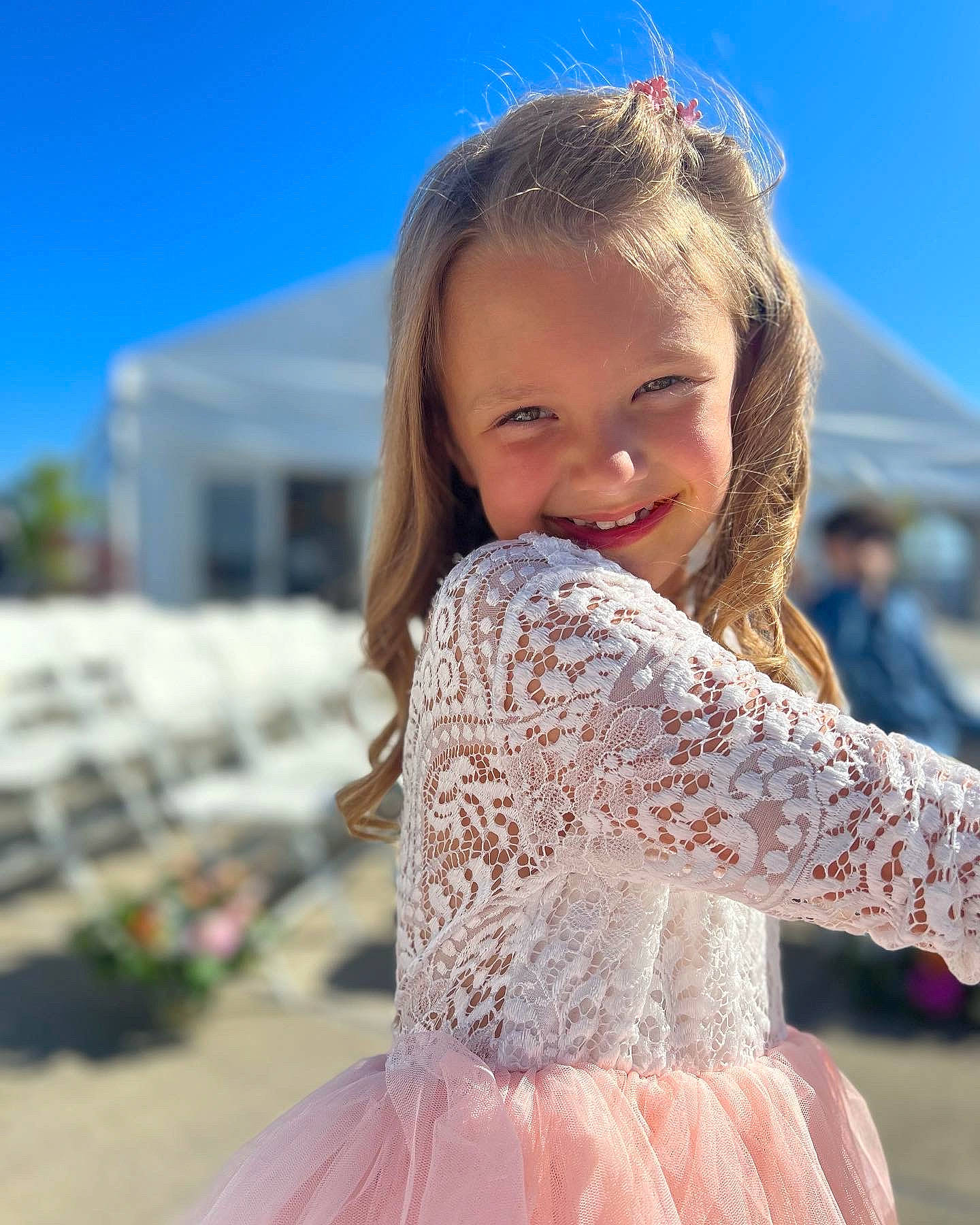 Rosie is registered to the contest to win money with this photo: beauty, dress, embellishment, eye, fashion_design, fun, gown, grass, hair, happy, human_body, iris, joy, leisure, long_hair, neck, people_in_nature, person, sky, sleeve