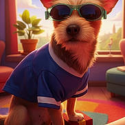 Romeo joined the competition — help win amazing prizes! dog, sunglasses, blue_shirt, indoor, window, plant, sunlight, furniture, floor, colorful_rug, pet, cute, fashion, animal, canine, portrait, sitting, cozy, home, casual
