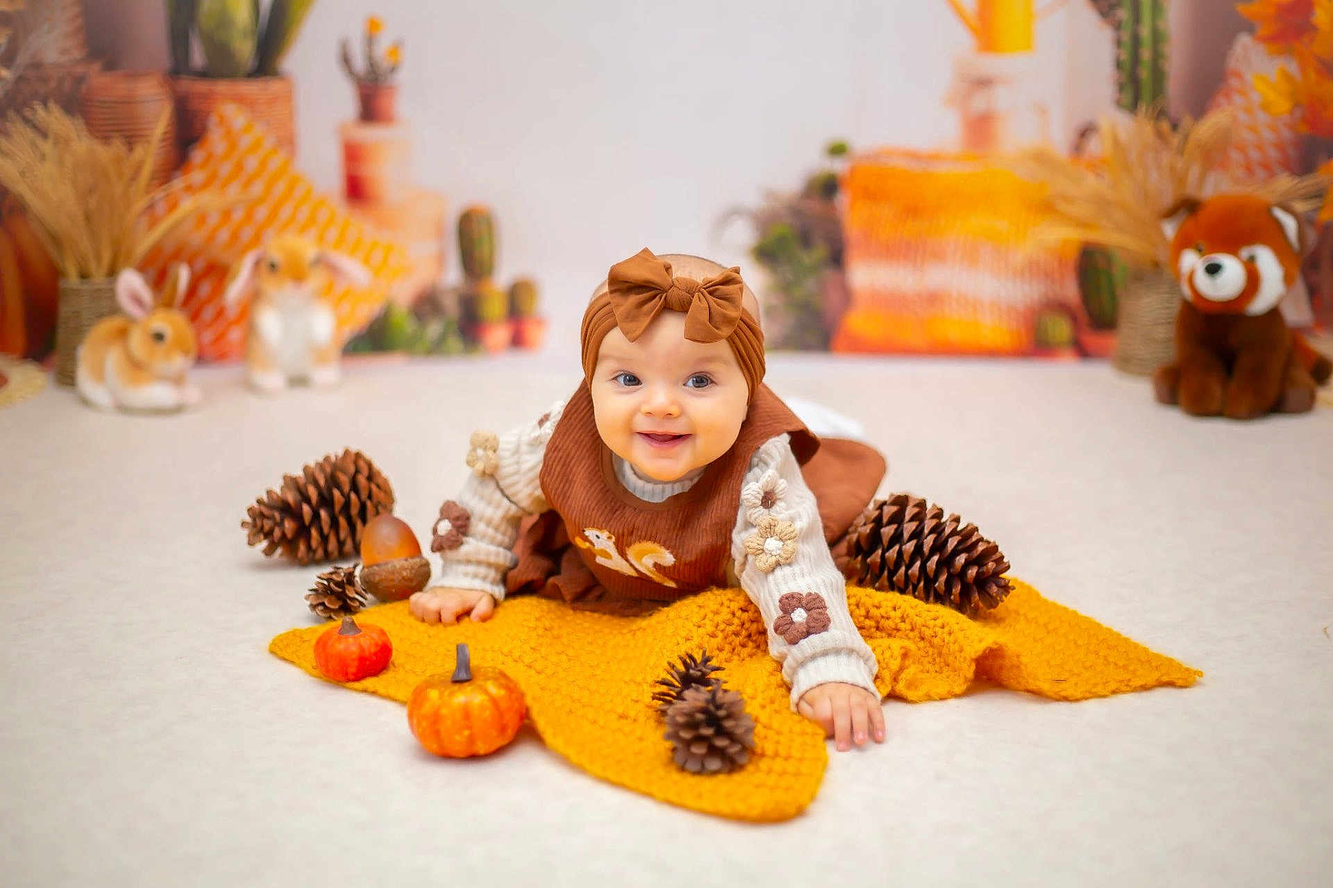 Lyssana participe au concours pour gagner de l'argent avec cette photo : baby, infant, smiling, blanket, pine_cone, pumpkin, headband, sweater, fall_theme, autumn_colors, plush_toy, decor, cute, crawling, child, indoor, portrait, warm_lighting, orange, brown