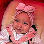 baby, child, smiling, headband, bow, jacket, pink, white, cozy, warm, fluffy, happy, cute, infant, closeup, portrait, hands, indoors, face, apparel