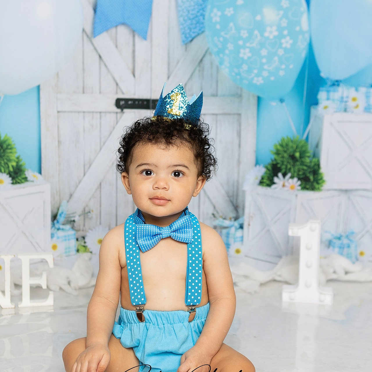 Malik joined the competition — help win amazing prizes! baby, balloons, birthday, blue, bow_tie, boy, celebration, child, crate, crown, decorations, first_birthday, floor, number_one, party, plant, portrait, sitting, smiling, suspenders