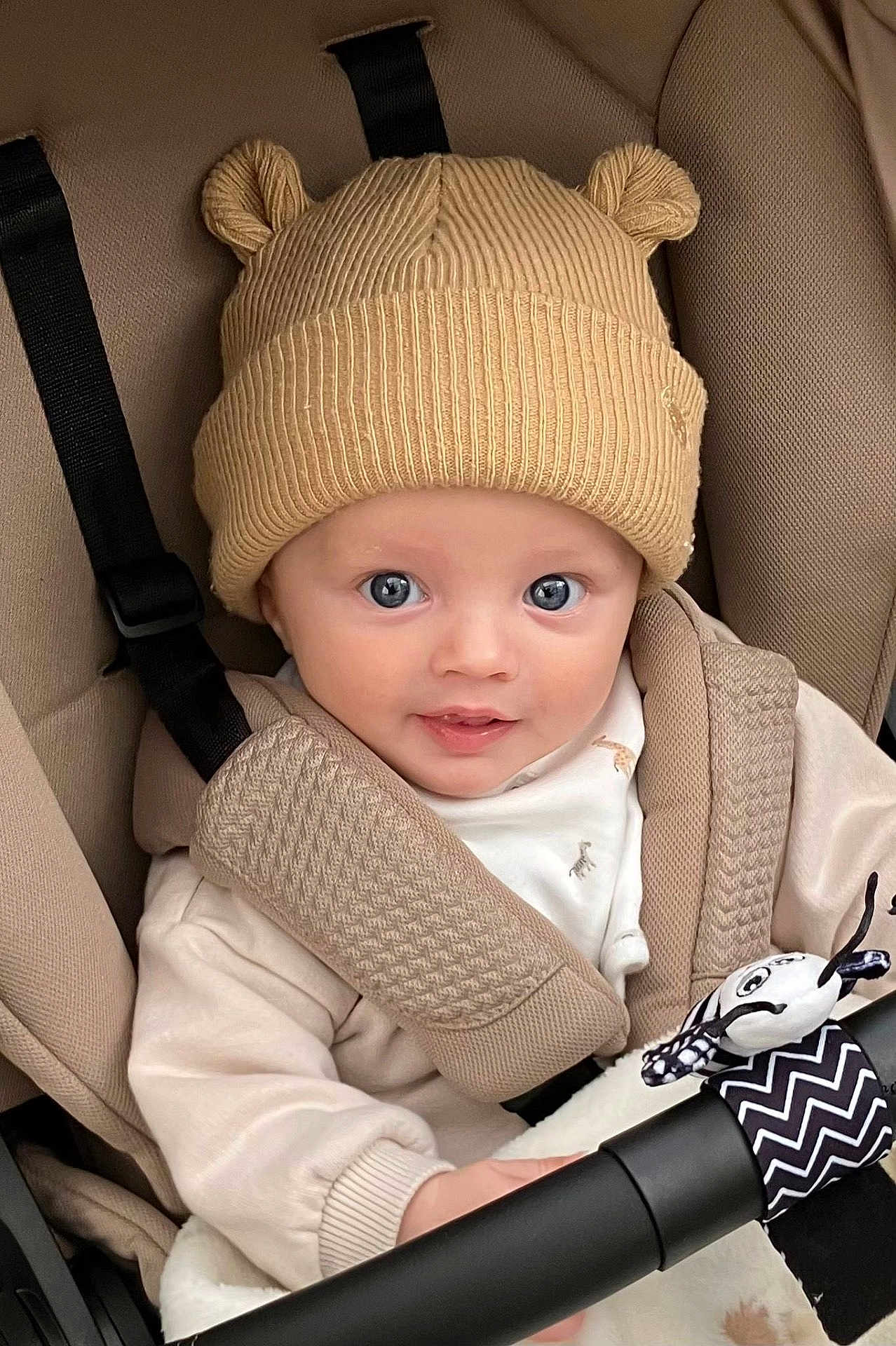 Jude joined the competition — help win amazing prizes! baby, child, hat, beige, stroller, toy, cute, infant, face, blue_eyes, clothing, warm, seatbelt, smile, portrait, closeup, childrenswear, baby_toy, car_seat, adorable