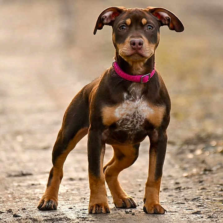 Abby participe au concours pour gagner de l'argent avec cette photo : alert, alert_posture, animal, brown_coat, canine, curious, dirt_path, dog, ears_up, four_legs, fur, muzzle, nature, outdoor, pet, pink_collar, puppy, standing, walking_path, young