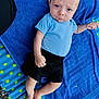 baby, blue_shirt, black_shorts, blue_towel, polka_dot_blanket, rocks, infant, barefoot, outdoor, portrait, lying_down, serious_expression, child, person, skin, head, hand, foot, clothing, texture