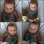 Wesley joined the competition — help win amazing prizes! baby, infant, portrait, collage, pacifier, striped_clothing, blanket, curious_expression, playful_expression, closeup, indoor, cute, child, person, sleepwear, soft_lighting, resting, head, face, newborn