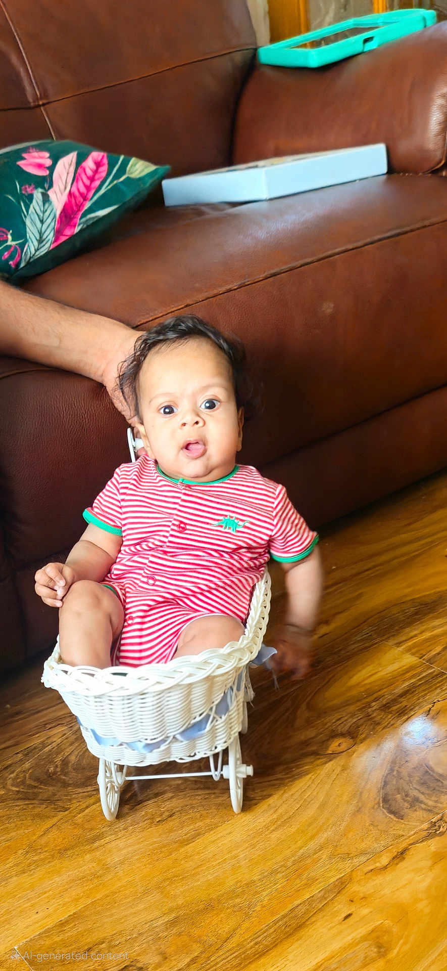 Kailan joined the competition — help win amazing prizes! baby, infant, child, striped_clothing, wicker_basket, furniture, brown_couch, wooden_floor, hand, indoor, colorful_pillow, toy_cart, cute, seated, expression, living_room, person, supporting_hand, casual, home