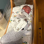 Maison is registered to the contest to win money with this photo: newborn, baby, sleeping, bassinet, hospital, pajamas, sock_monkey, toy, hat, blanket, wooden_furniture, infant, cute, cozy, indoor, child, face, peaceful, resting, soft_toy