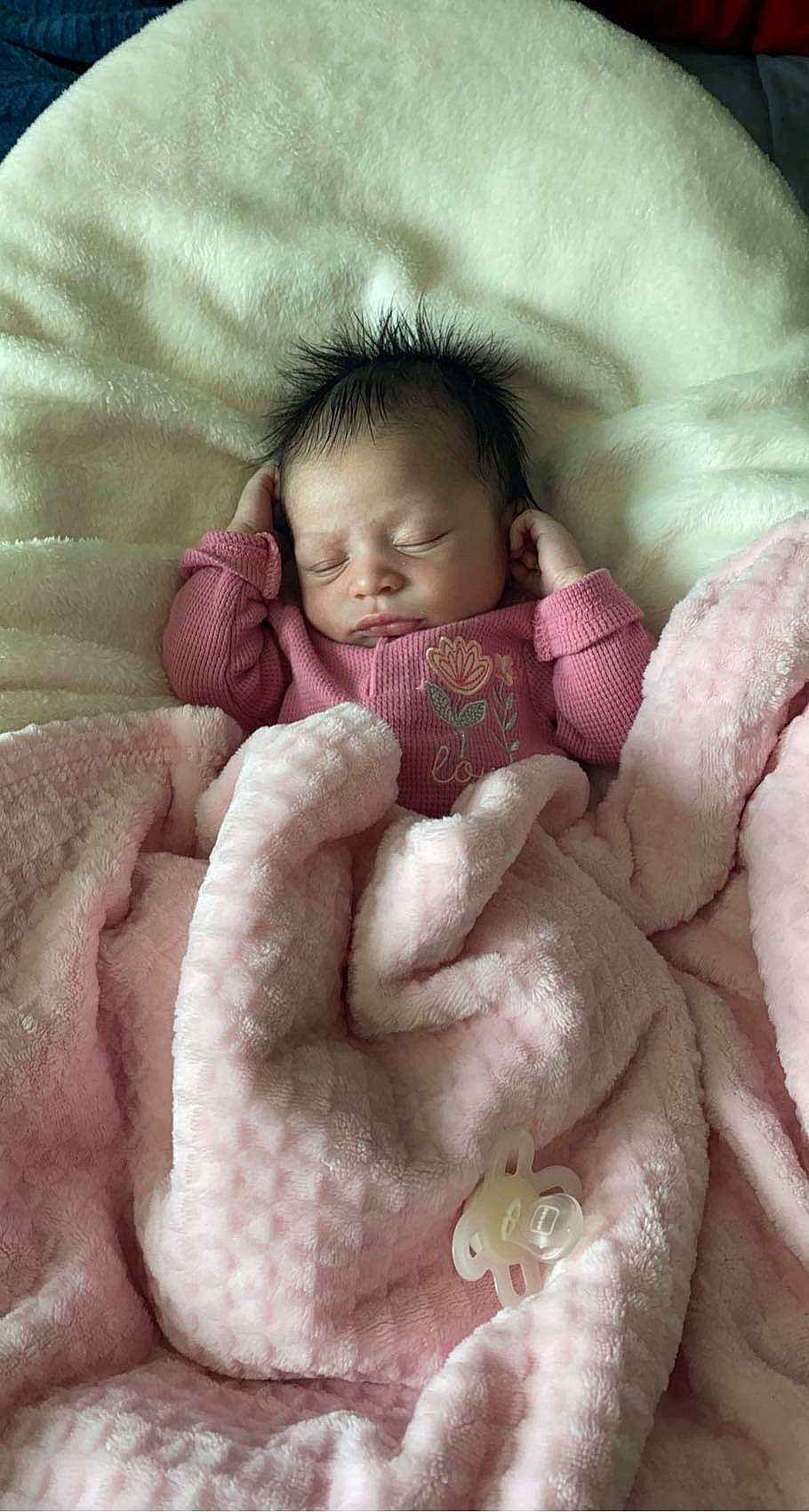 Emerson joined the competition — help win amazing prizes! baby, baby_sleeping, baby_toddler_clothing, cheek, child, comfort, eyebrow, facial_expression, finger, gesture, hand, linens, lip, mouth, nose, person, pink, skin, textile, thumb